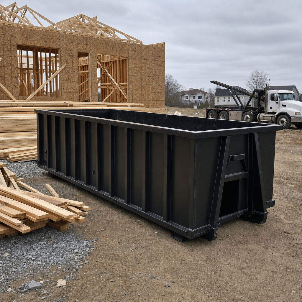 Matte-black 40-yard roll-off dumpster staged on a framed-out residential construction site in Kenner, framing lumber stacked nearby, hooklift delivery truck visible in the background under bright Colorado daylight