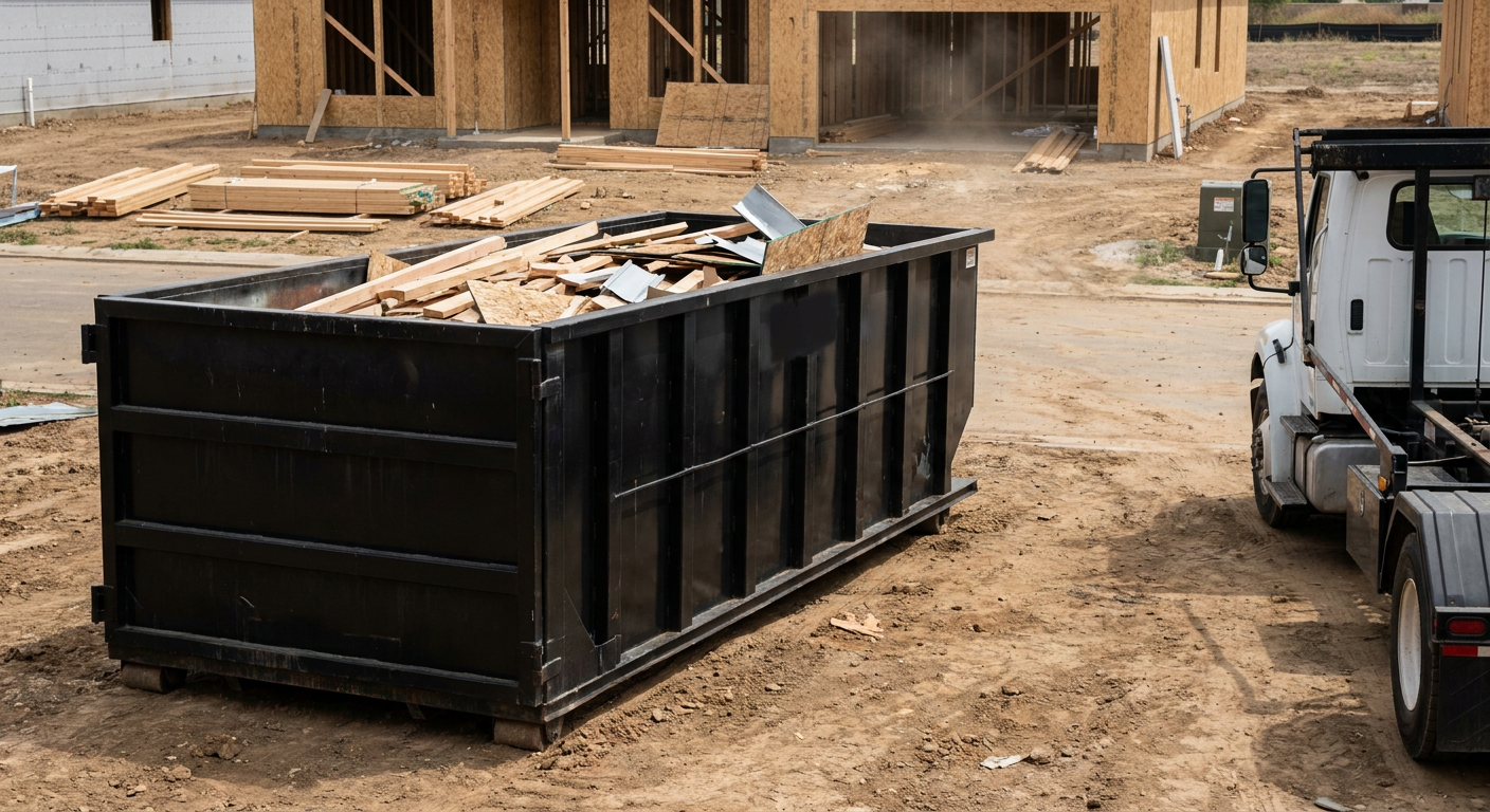 Matte-black 20-yard roll-off construction dumpster with heavy ribbed steel sidewalls and swing rear doors at a working jobsite in Kenner, sitting directly on compacted dirt with an unmarked white hauler partially visible at the far edge of the frame.