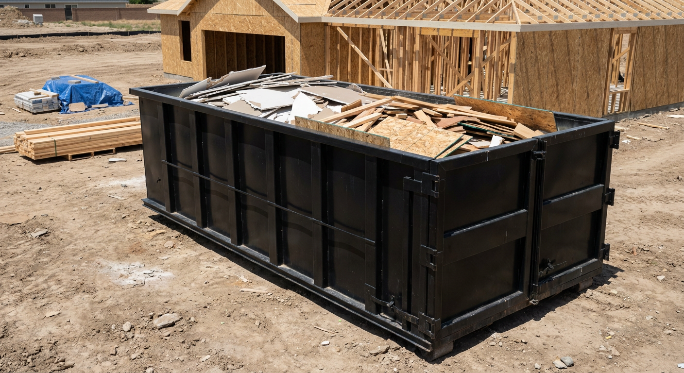 Matte-black 30-yard roll-off construction dumpster sitting directly on the compacted-dirt site of a framed single-family home build in Kenner, drywall and lumber scrap loaded inside.