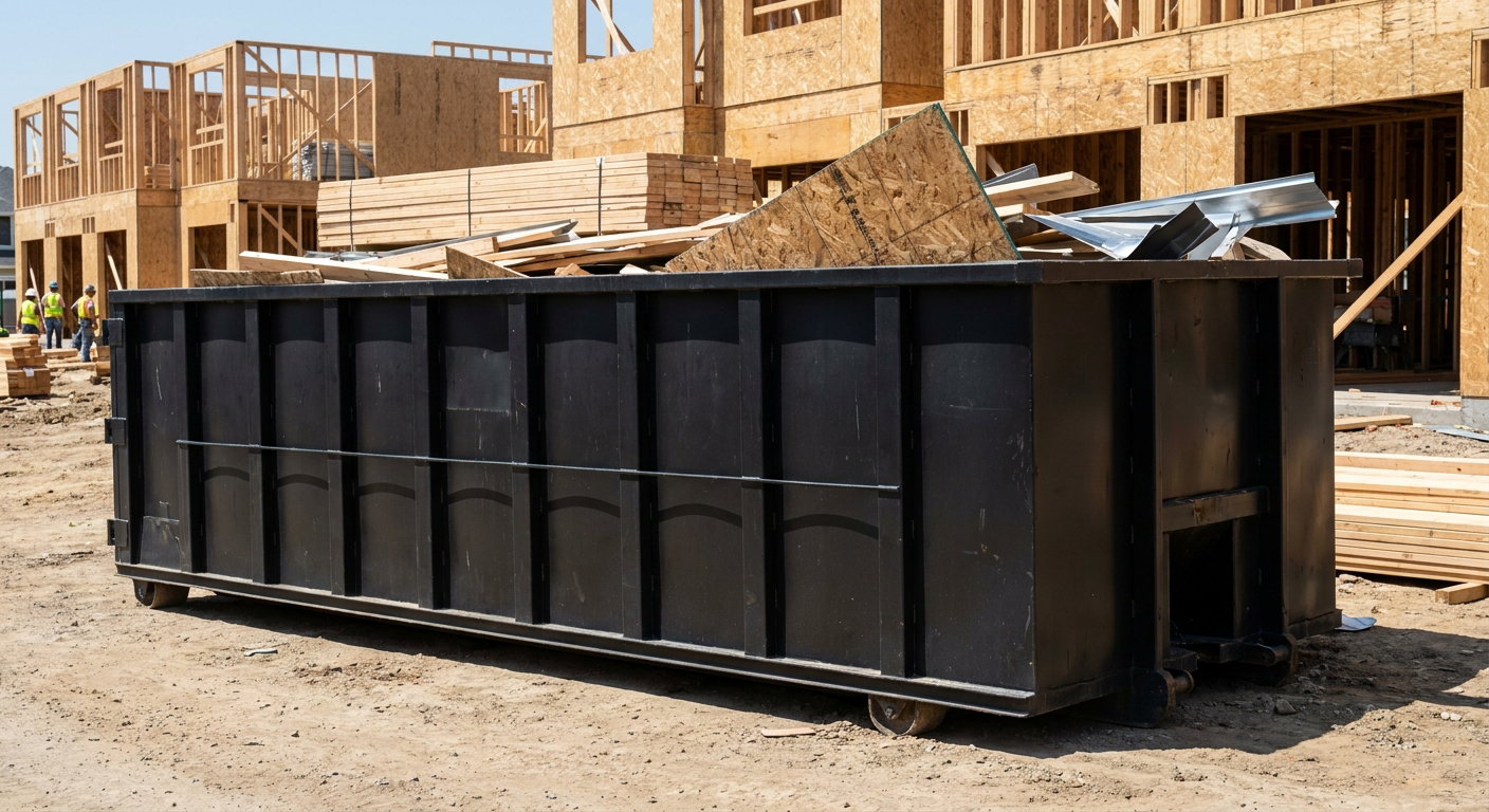 Matte-black 40-yard roll-off construction dumpster being lowered from a white-cab hooklift delivery truck onto the compacted-dirt jobsite at a commercial build site in Kenner