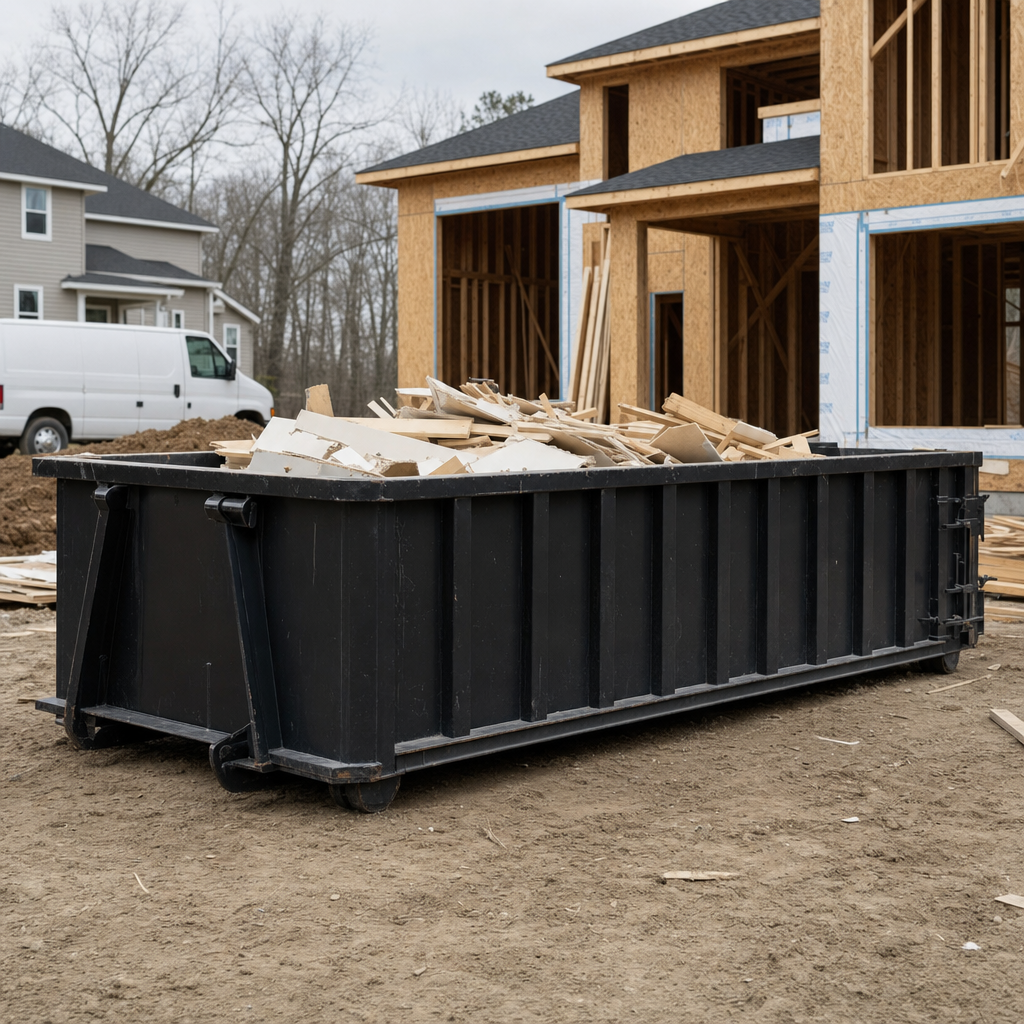 Worker in a yellow high-visibility vest tossing framing lumber and broken drywall into a matte-black 30-yard construction roll-off dumpster on an active build site in Kenner, bright daylight