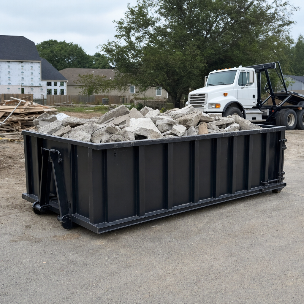 Low-profile matte-black lowboy roll-off dumpster loaded with broken concrete slab and rebar at a foundation tear-out in Kenner, skid steer parked beside it, sunny Colorado morning