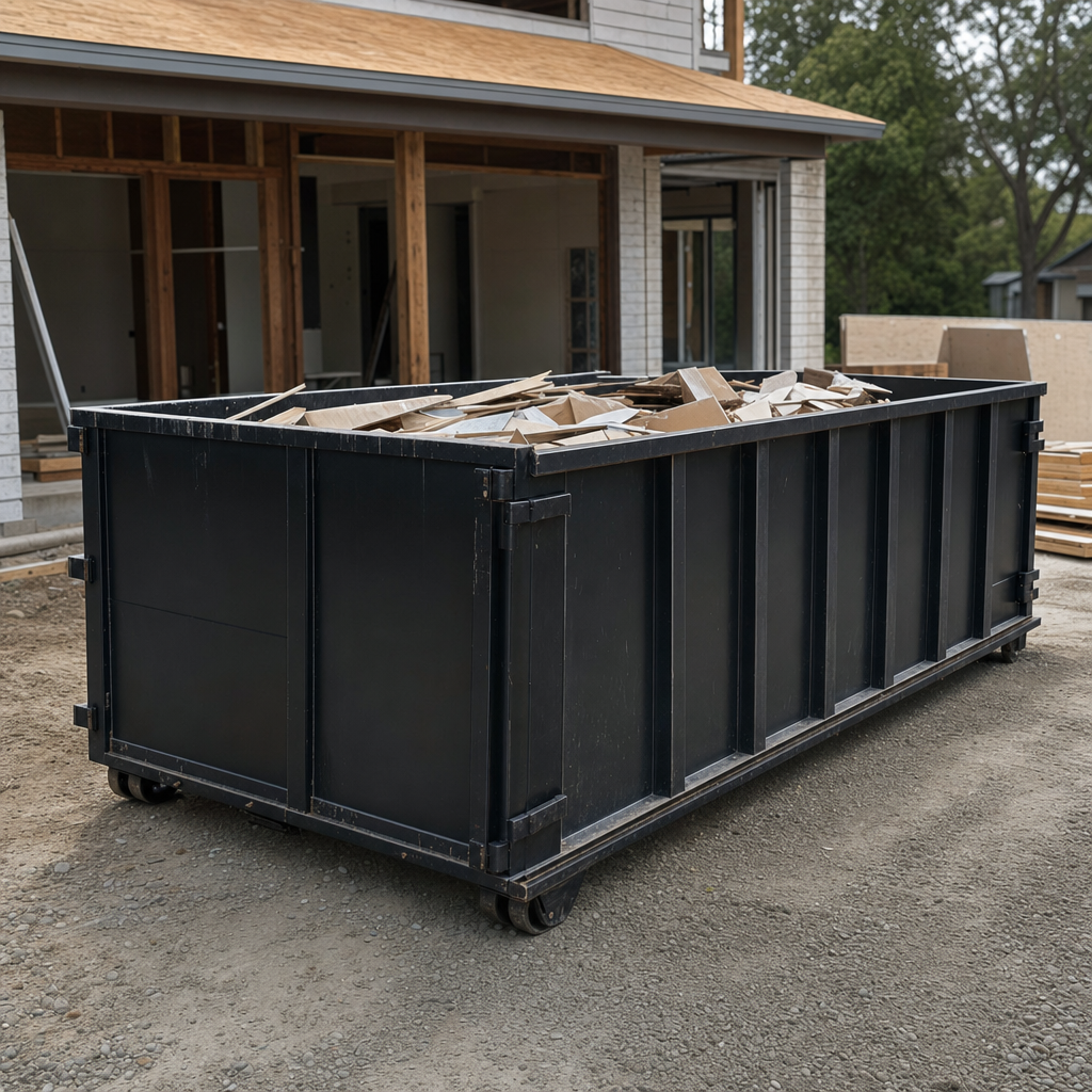Large matte-black 30-yard construction roll-off dumpster at an active Kenner jobsite, steel-gray top rails and bottom rollers visible, loaded with construction debris.