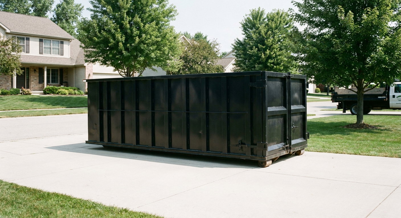 Matte-black 20-yard roll-off dumpster sitting level on a clean Kenner residential concrete driveway under bright daylight, demonstrating clean placement directly on the concrete.