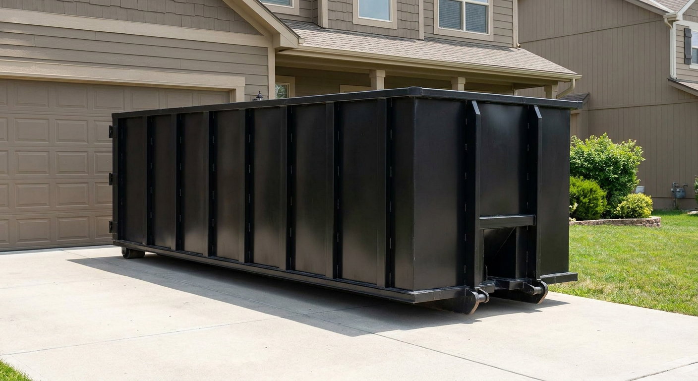 Matte-black residential roll-off dumpster sitting directly on a suburban Kenner concrete driveway, garage door closed, single-family home in background, bright morning daylight.