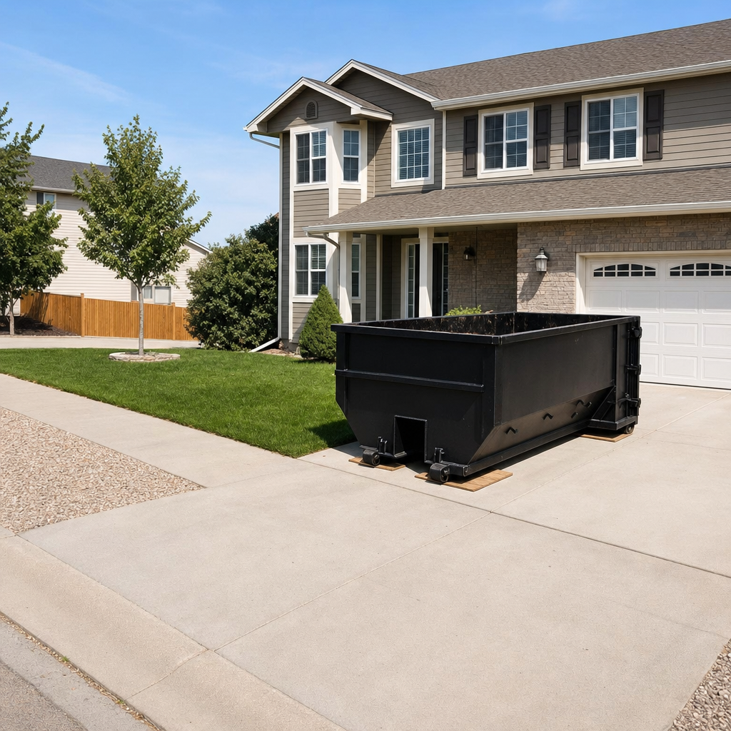 10-yard matte-black residential dumpster placed directly on a narrow Kenner concrete driveway, room remains for a parked sedan beside it, mid-morning natural light