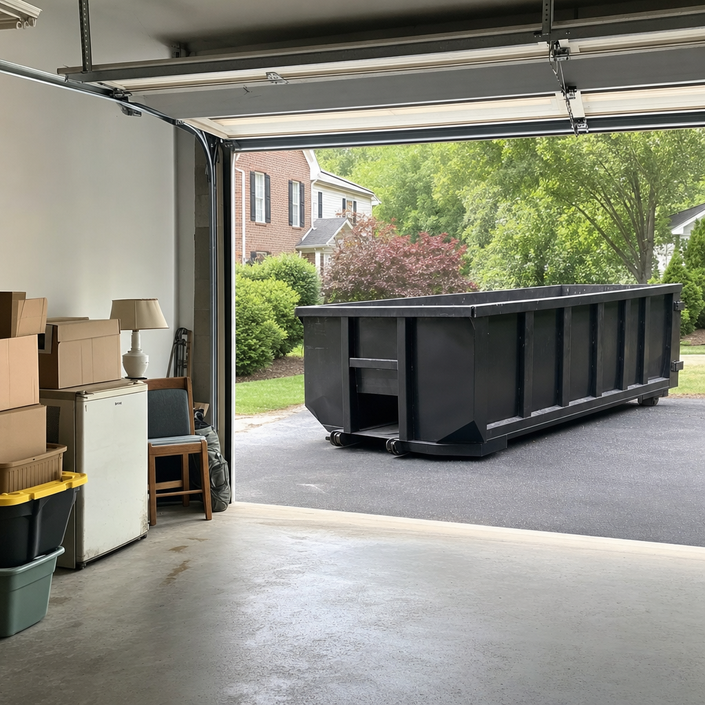 Open garage interior in a Kenner home mid-cleanout — boxed items, an old appliance, and stacked yard tools queued near the driveway for a matte-black roll-off dumpster, organized and calm