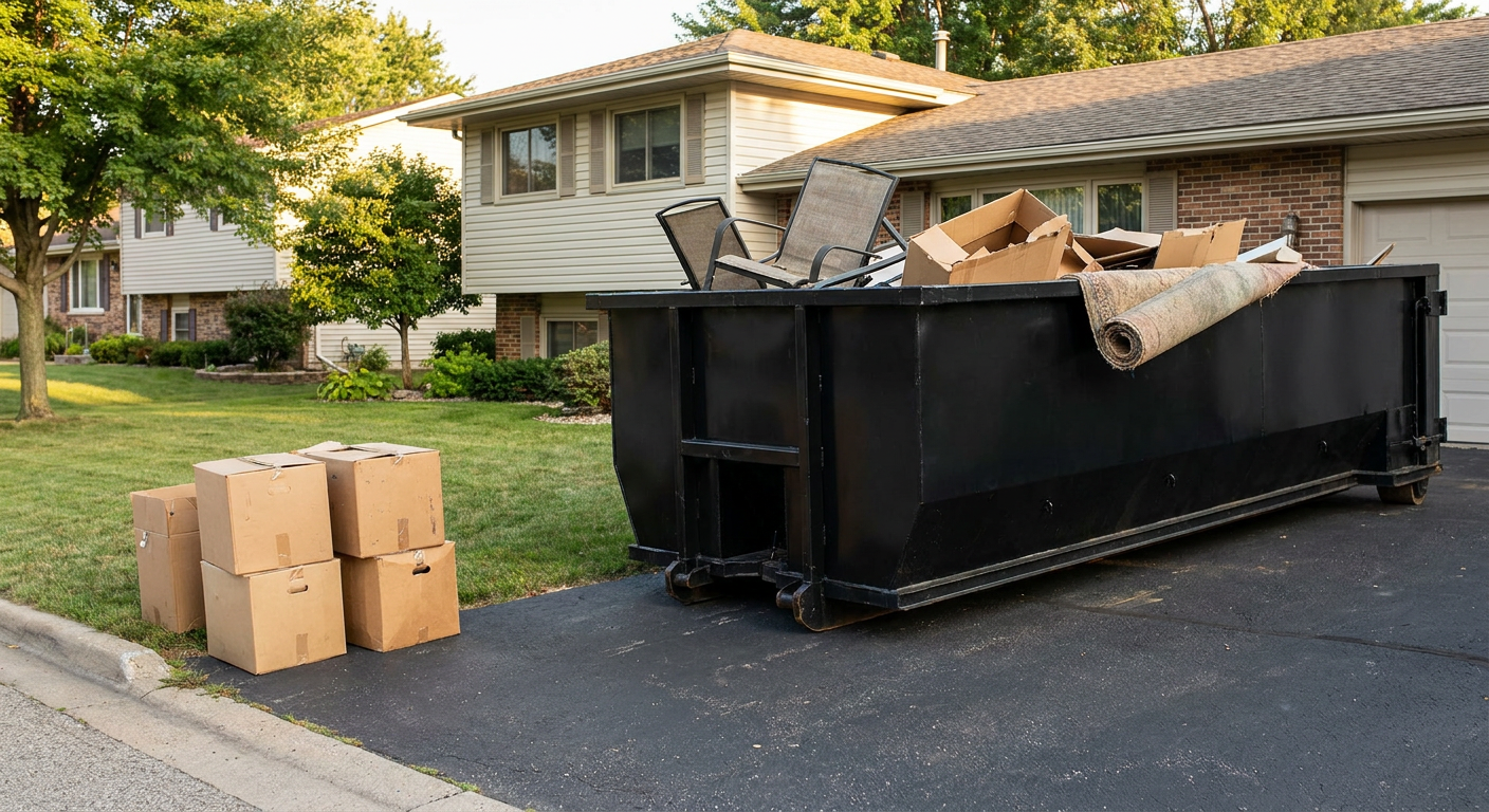 Front-yard view of a Kenner split-level home with a 20-yard matte-black roll-off dumpster sitting directly on the asphalt driveway, a few clearly labeled donation boxes staged at the curb, calm sunny afternoon.