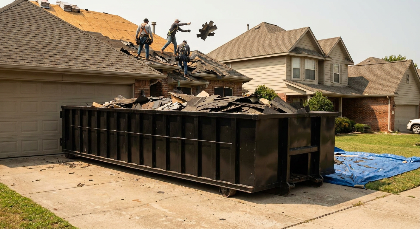 Matte-black roofing roll-off dumpster placed directly on a Kenner residential concrete driveway, a tear-off crew on a two-story asphalt-shingle roof tossing shingle bundles into the low-walled container, bright daylight, documentary 35mm perspective.