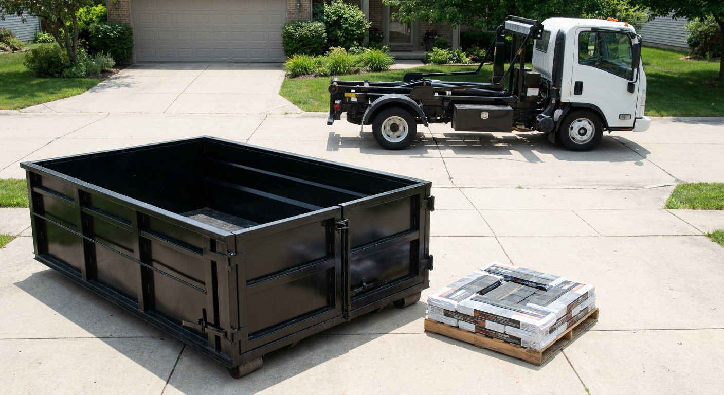 Matte-black 15-yard roofing roll-off dumpster with reinforced low side walls sitting directly on a Kenner residential concrete driveway, three-tab asphalt shingle bundles stacked nearby, an unmarked white hauler truck partially visible at the edge of the frame.