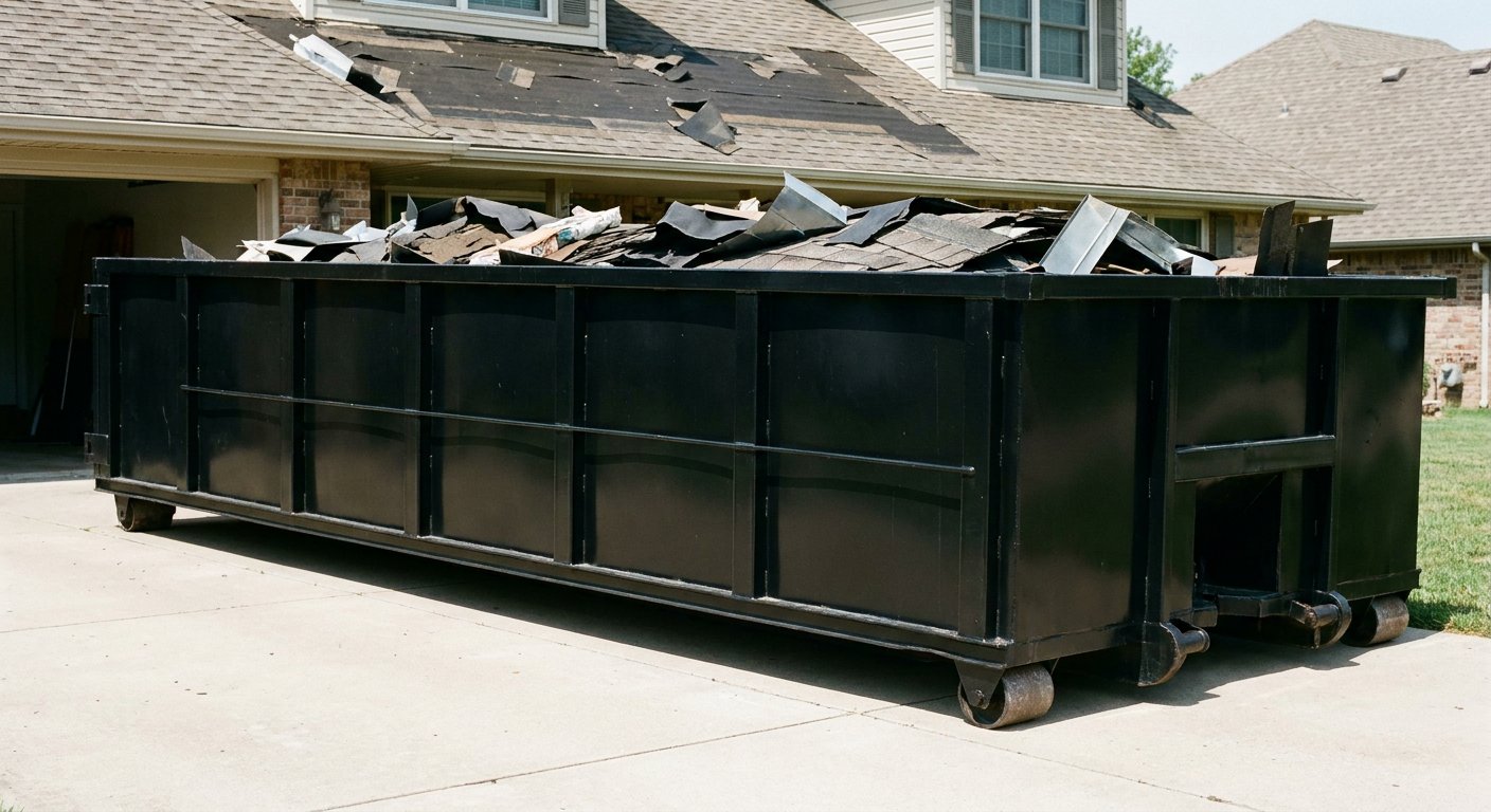 Matte-black 20-yard roofing roll-off dumpster with steel ribbed sides and swinging rear door, sitting directly on the concrete driveway of a two-story Kenner home, asphalt shingle debris being loaded over the low wall, clean documentary lighting.