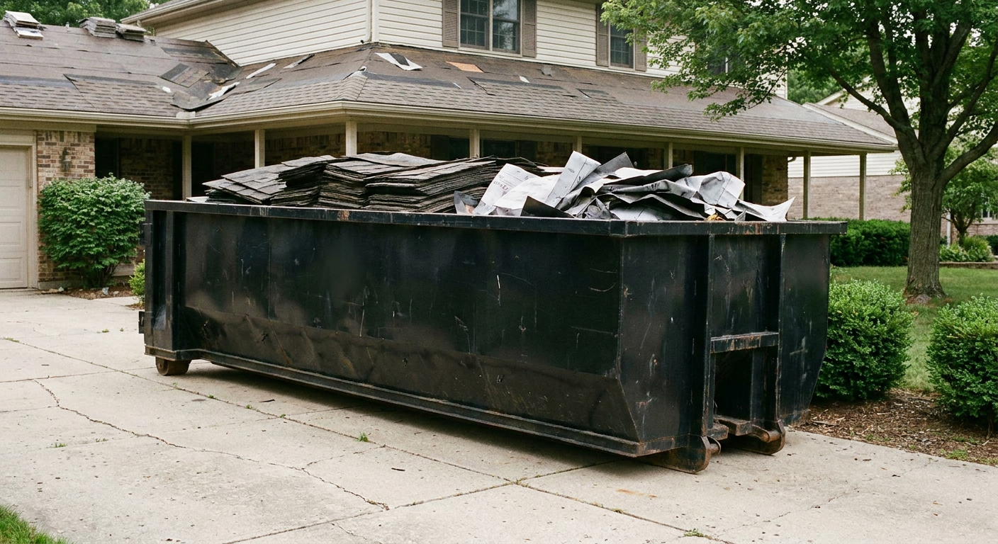 Matte-black 30-yard roofing roll-off dumpster sitting directly on a Kenner concrete driveway, taller ribbed steel side panels, mixed tear-off debris of asphalt shingles and underlayment inside, professional documentary daylight.