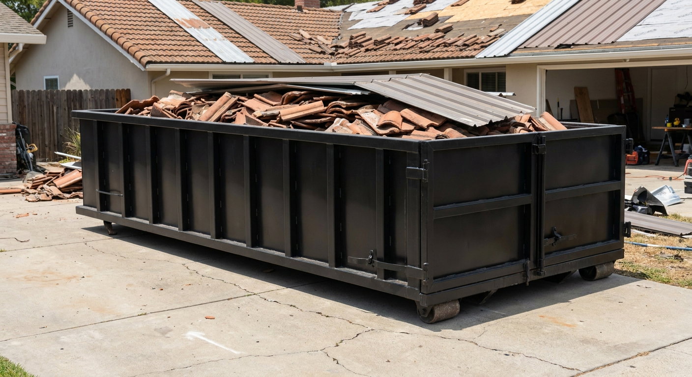 Matte-black low-wall heavy-debris roofing roll-off dumpster sitting directly on a Kenner concrete driveway, broken concrete clay roof tiles and metal panel sections loaded inside, reinforced ribbed steel side walls visible, bright outdoor daylight.