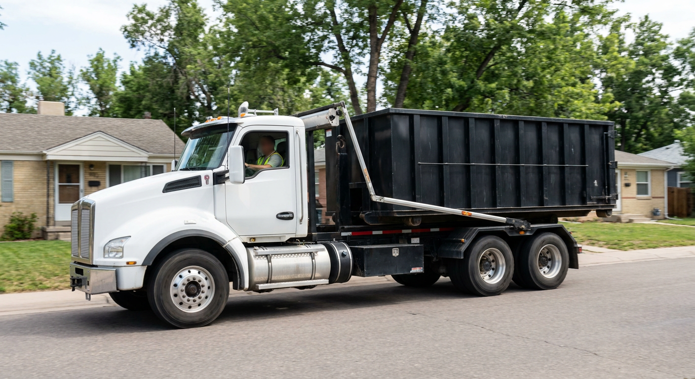 A wide documentary shot of a matte-black roll-off delivery truck pulling onto a quiet Kenner residential street at mid-morning, with neighborhood rooftops and tree-lined blocks visible behind, showing the metro coverage footprint.