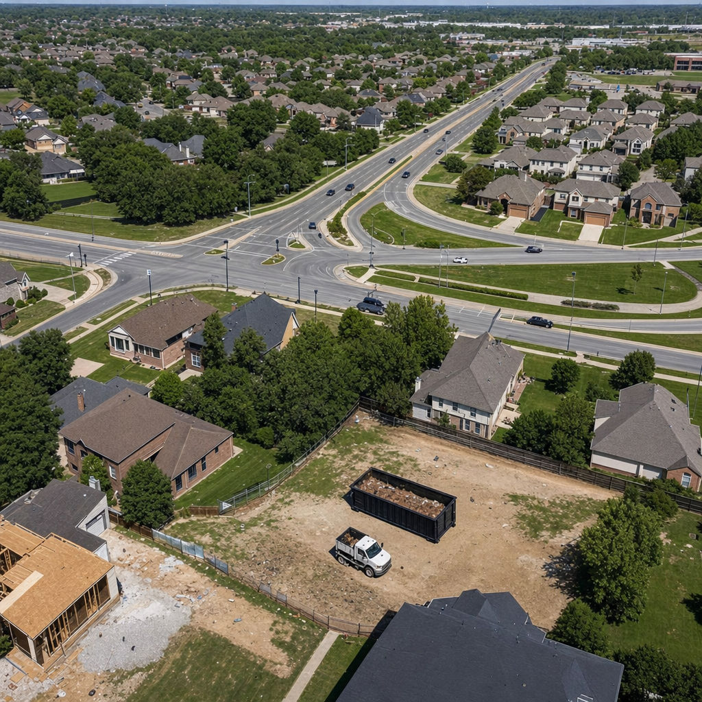 An overhead documentary view of the Kenner metro area at midday, showing the spread of neighborhoods, arterial roads, and the dispatch radius from a central yard — clean daylight, organized geographic layout.