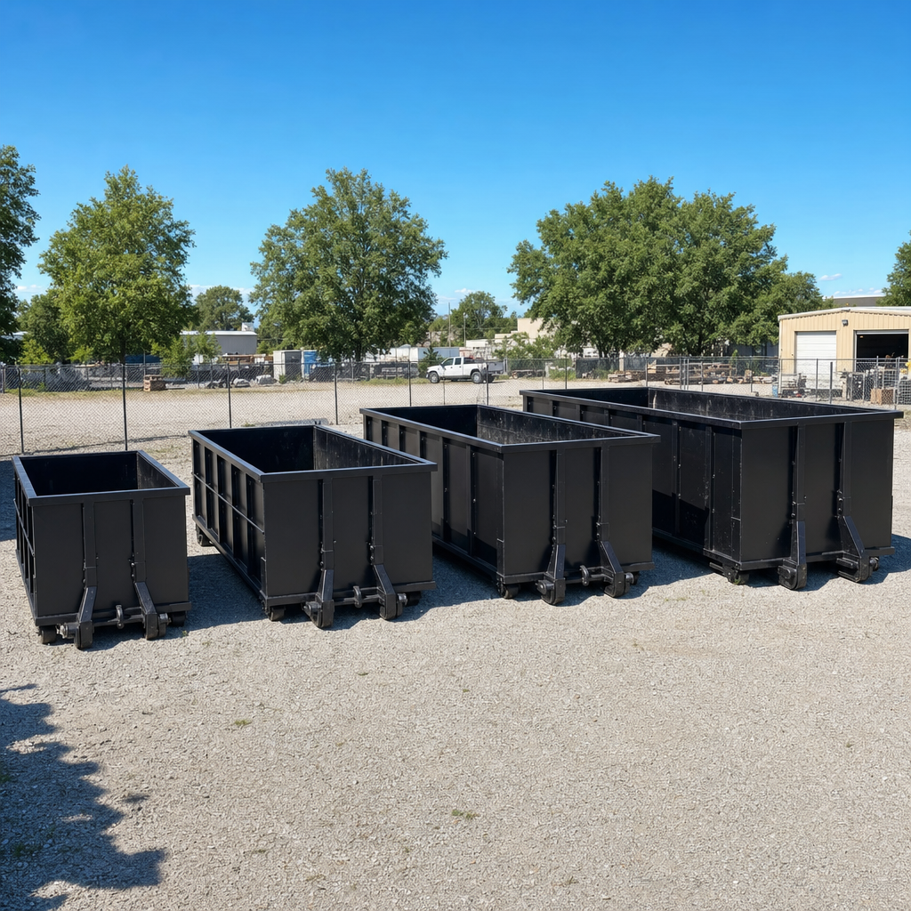A clean lineup of matte-black roll-off dumpsters in 10, 20, 30, and 40-yard sizes staged on a sunlit gravel yard in Kenner, showing the size progression from compact to commercial-scale containers.