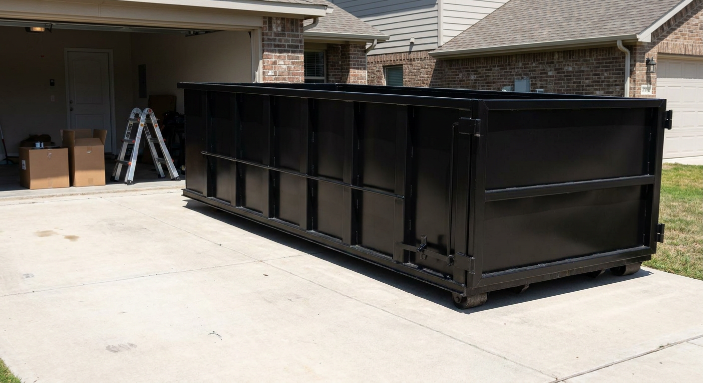 A matte-black 10-yard roll-off dumpster sitting directly on a residential Kenner concrete driveway, mid-day sunlight, clean and ready for a garage cleanout.