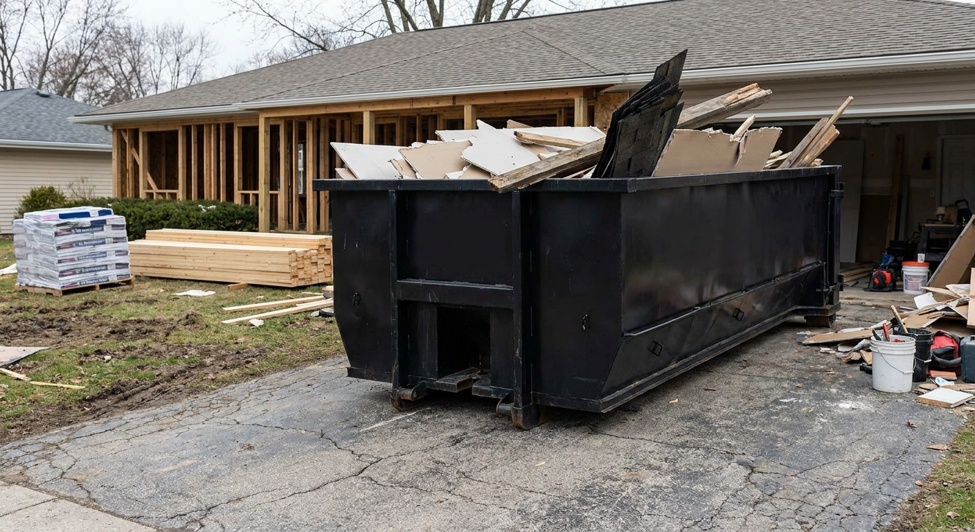 A matte-black 20-yard roll-off dumpster placed alongside a mid-renovation Kenner home directly on the asphalt driveway, with framing materials and torn-off shingles staged neatly nearby.