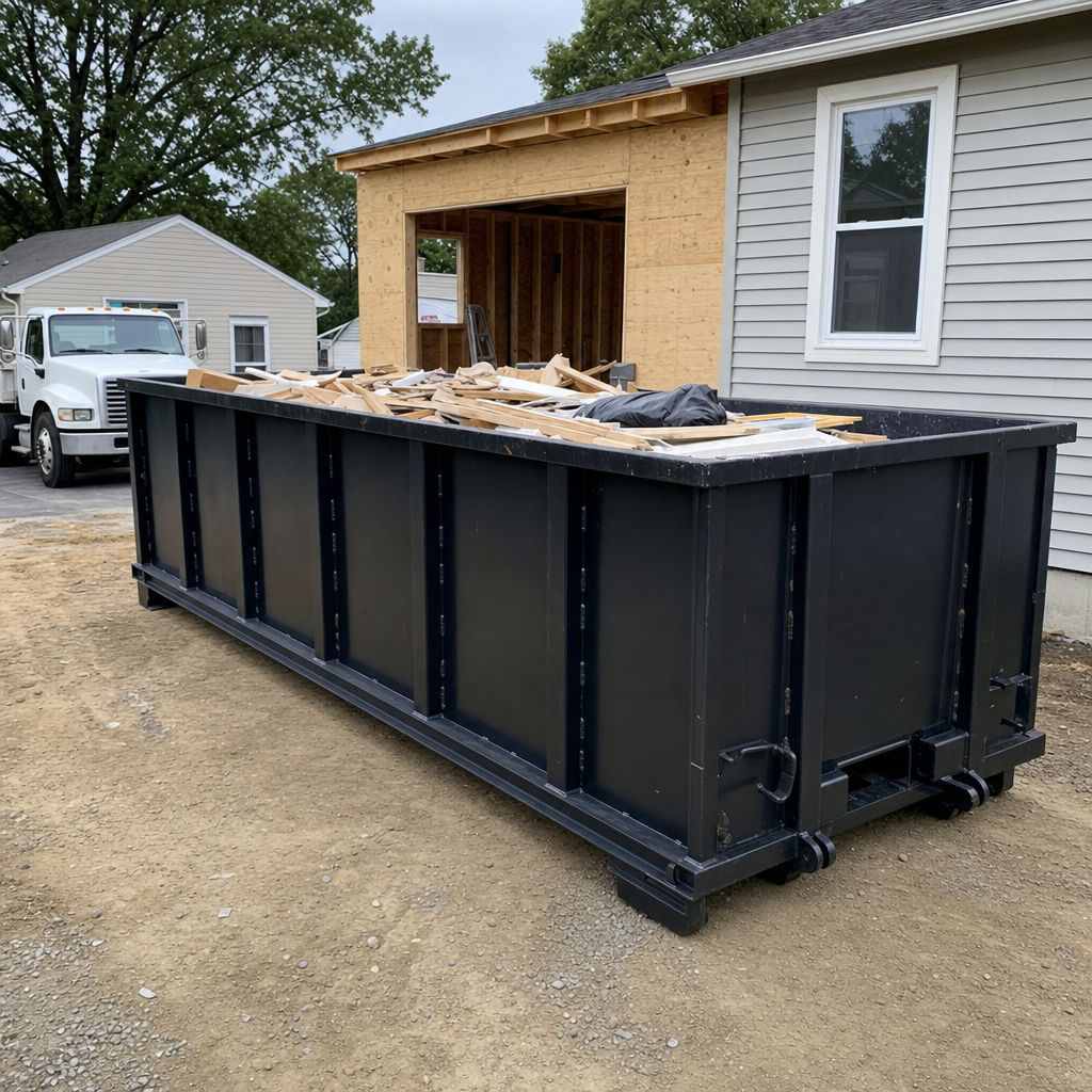 A matte-black 30-yard roll-off dumpster positioned at a Kenner residential addition jobsite, with framing lumber and drywall scraps loaded through the open swinging rear doors.
