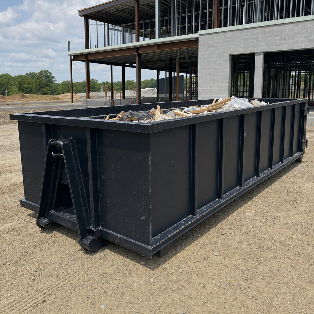 A matte-black 40-yard roll-off dumpster staged on a large Kenner commercial construction lot, with a hooklift delivery truck parked alongside under bright midday sky.