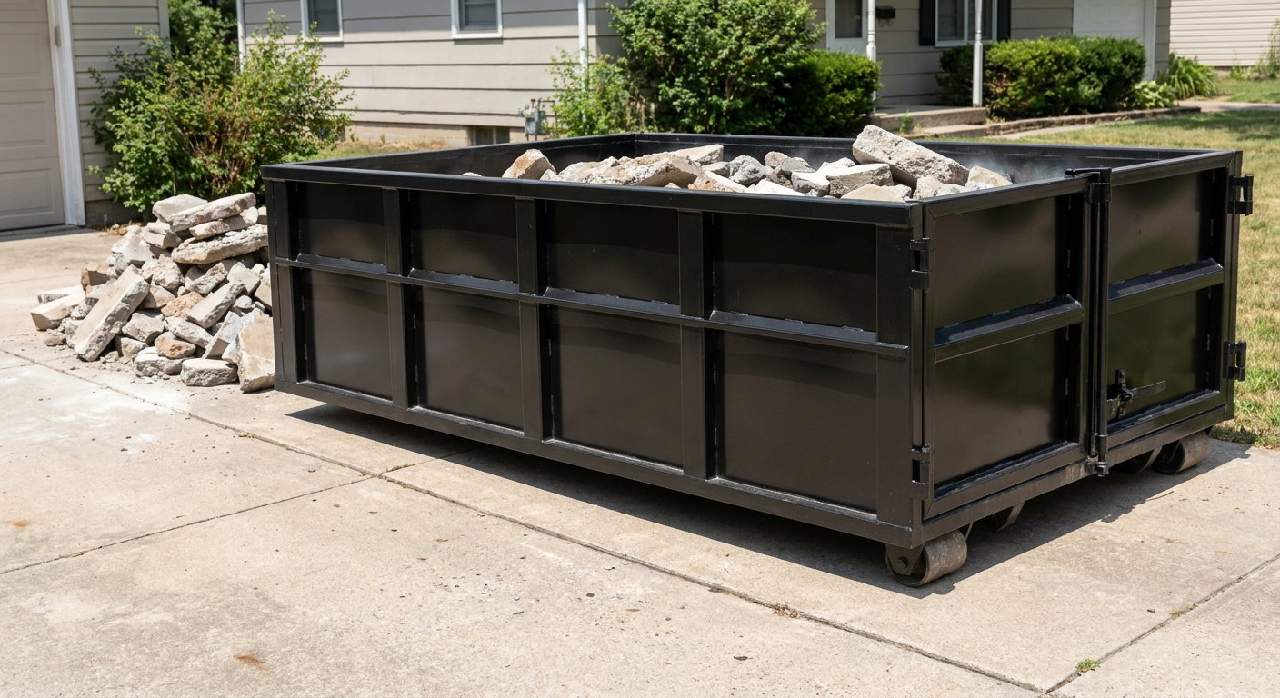 A matte-black low-side heavy-debris roll-off dumpster placed directly on a Kenner concrete driveway, with broken concrete chunks neatly stacked beside it under clean daylight.